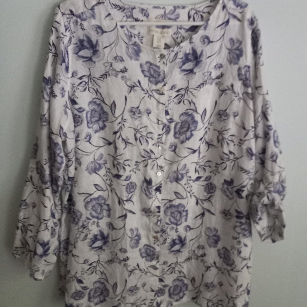 100% linin, blue white blouse, flower design, long sleeve
